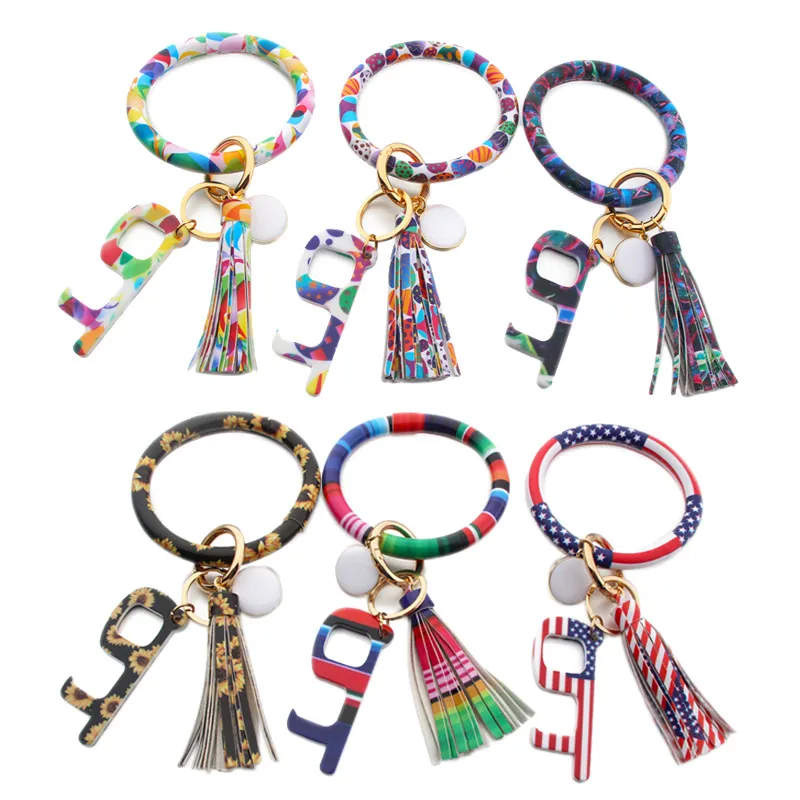 Keychains Lonyards PU Leather Keychain Door ouvreur de la mode Bracelet Bracelet Corbeure Anti Contact Press Elevator