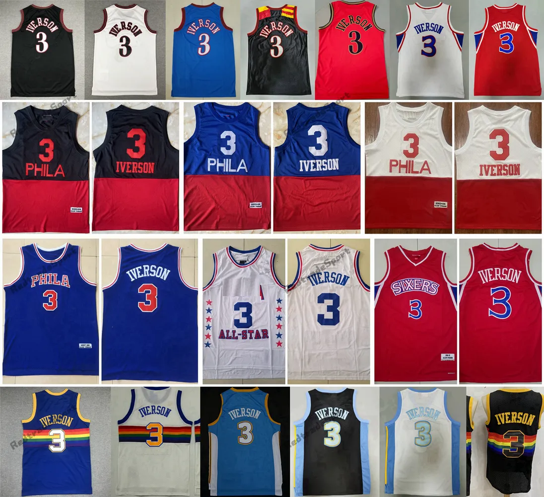 ヴィンテージ1997-98アレンメンズブルー＃3 Iverson Basketball JerseysブラックホワイトステッチジャージーS-XXL