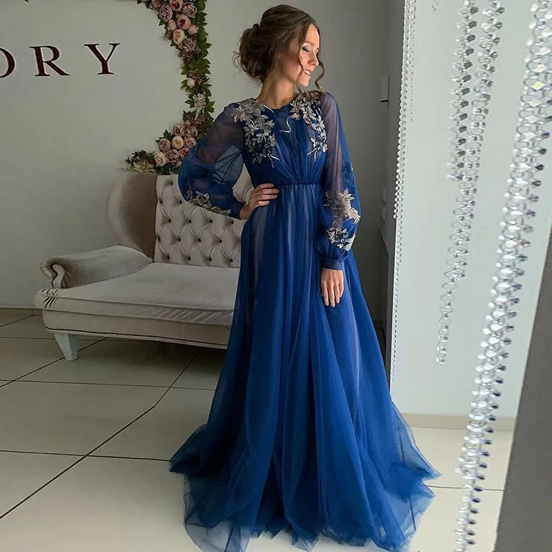 Niebieskie Długie Rękawy Suknia Wieczorowa Szyfonowa Linia Formalna Prom Suknie Vestidos Custom Size Robe de Marrige