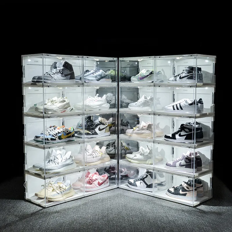 Nieuwe geluidscontrole LED Licht Wissen Schoenen Box Sneakers Opslag Anti-oxidatie Organizer Schoen Muur Collectie Display Rack Y1116