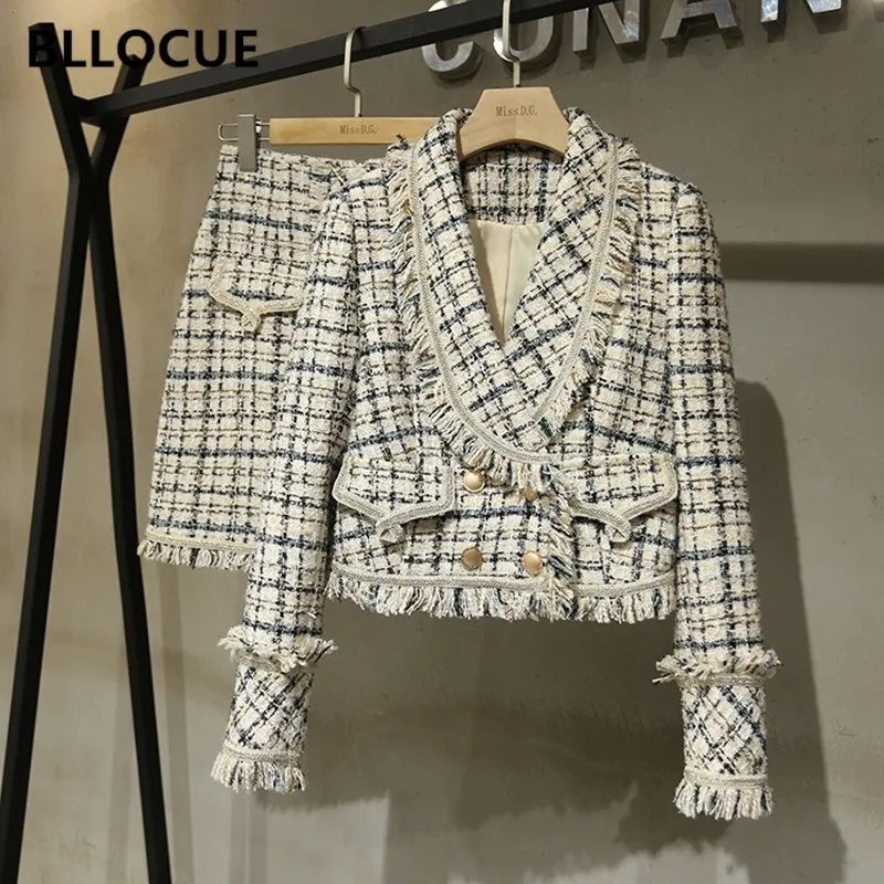 BLLOCUE Tweed Suit Set Vinter Dam Guld Dubbelknäppt Kort Jacka Kappa+Tofs Mini Kjol Kostym Ull 2ST Klädset 201027