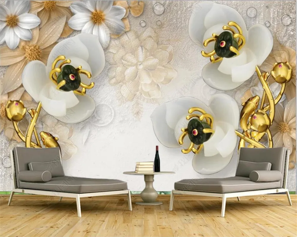 ロマンチックな花3Dの壁紙ジュエリーホワイトロータスリビングルームベッドルームWallcovering HD 3D壁画壁紙