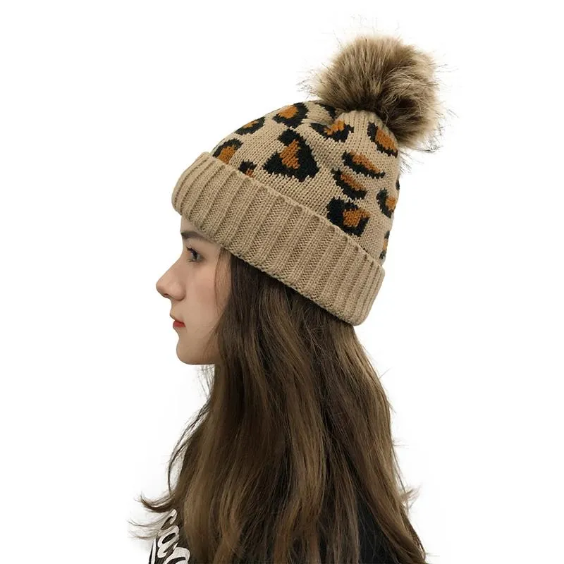 Beanie/Skull Caps Female Knitted Hat Autumn Winter Warm Leopard Print Woolen Beanies Cap Pom Knit Earmuffs For Women Ladies Fashion