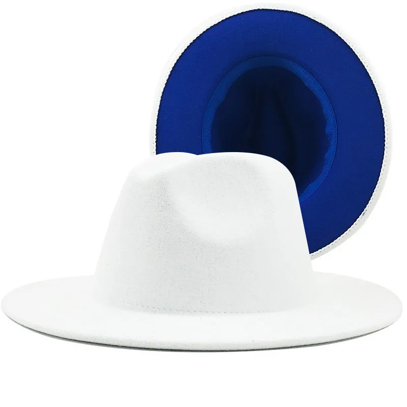 Classic Outside white inside blue Patchwork Wide Brim Fedora Hat Men Women  Two Tone Felt Fedora Hats Cowboy Jazz Hat Brown Belt