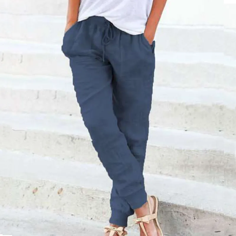 Womens Cotton Drawstring Pants White Linen Joggers, High Waist