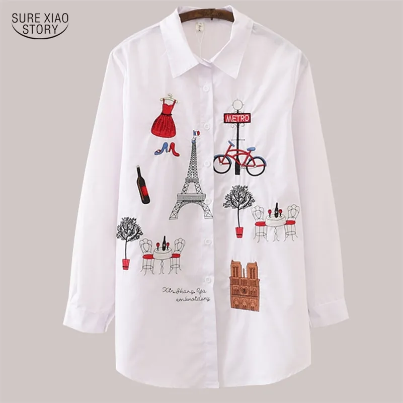 New White Women Blouse 19 Long Sleeve Cotton Embroidery Blouse Lady Casual Button Design Turn Down Collar Female Shirt LJ200811