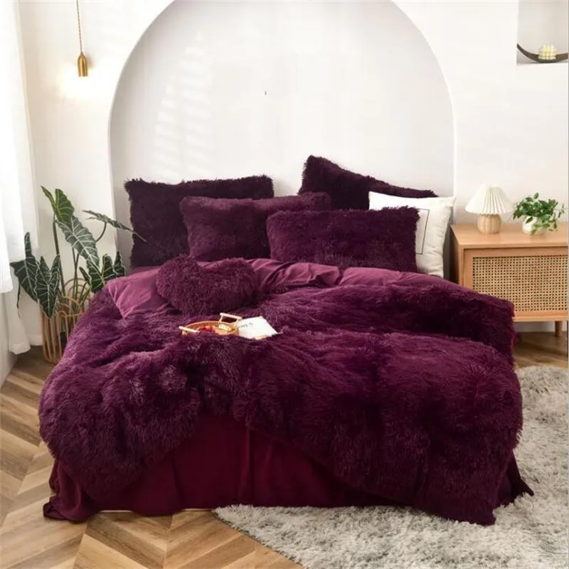 2021ブルゴーニュフリース生地冬の厚いソリッド寝具セットミンクベルベット布団カバーベッドシートベッドリネンピローケース22色