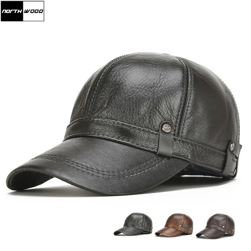 [NORTHWOOD] Neue Hohe Qualität Echtes Leder Baseball Caps Ohrenklappen Snapback Hüte Herren Winter Baseball Caps Hüte Knochen masculino J1225