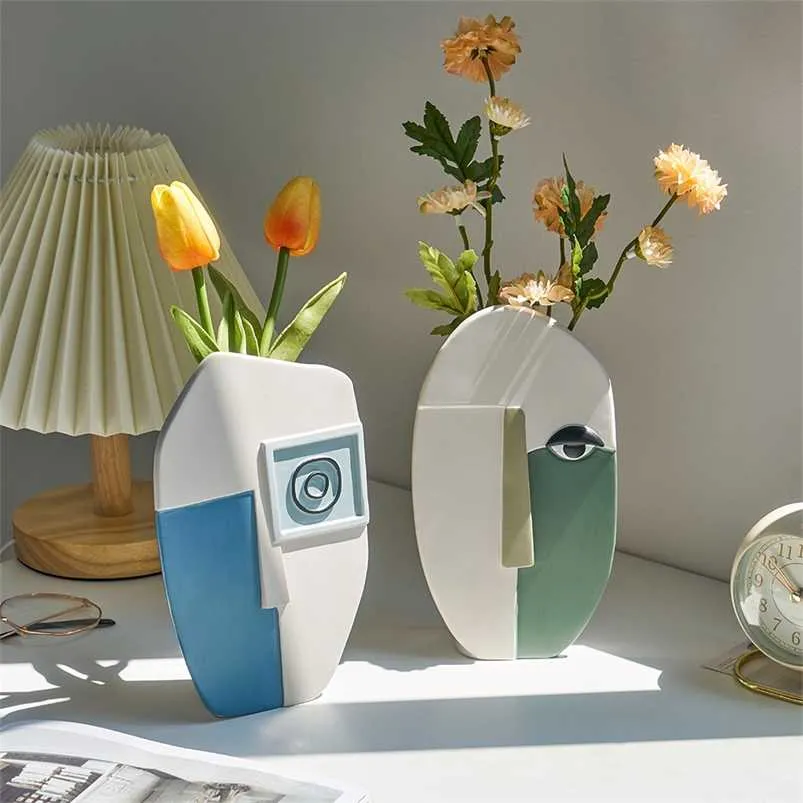 Nordic Creative Vase Abstrakt Människans ansikte Vase Vardagsrum Dekoration Vase Aestetic Modern Dekorativa Torkade Blommor Kontor Decor 211222