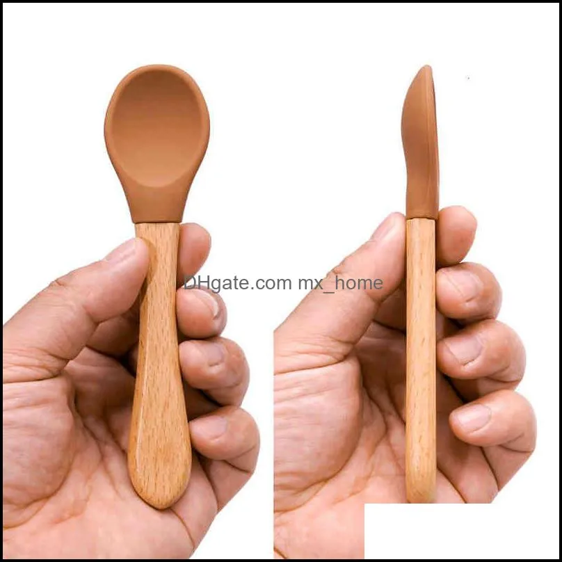 Feeding Wooden Handle Silicone Spoon For Baby Utensils Eat Soild Food Kids Training Manipulative Ability Children`s Tableware