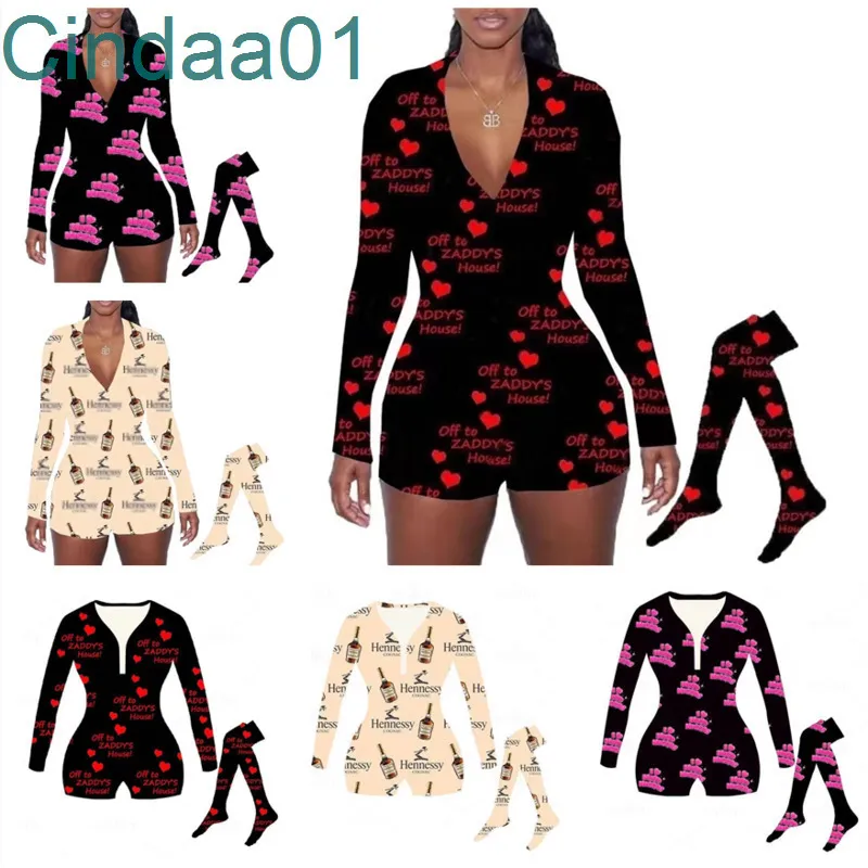 Kvinnor Jumpsuit Designer 2022 Slim Sexy V Neck Printed Valentine Day Långärmad Shorts och Sock Two Piece Set Ladies Homewear S-XXL 3 Färger