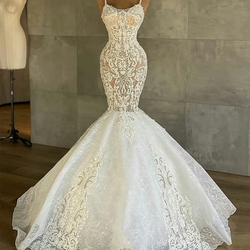 Illusie chique zeemeermin trouwjurken sexy spaghetti kant applicaties bruidsjurken backless bruiloft gewaden de Mariée