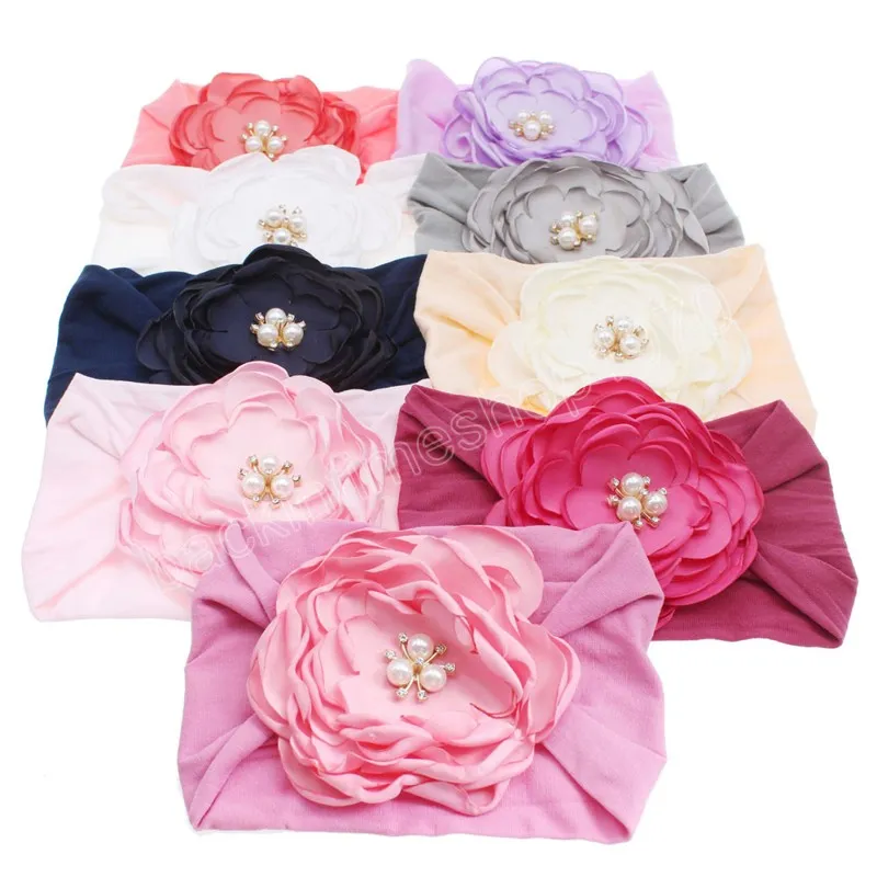 Haarschmuck für Mädchen, süße Perlen-Blumen-Stirnbänder für Babys, Canfy-Farbe, breite seitliche Stretch-Nylon-Haarband-Kopfbedeckung