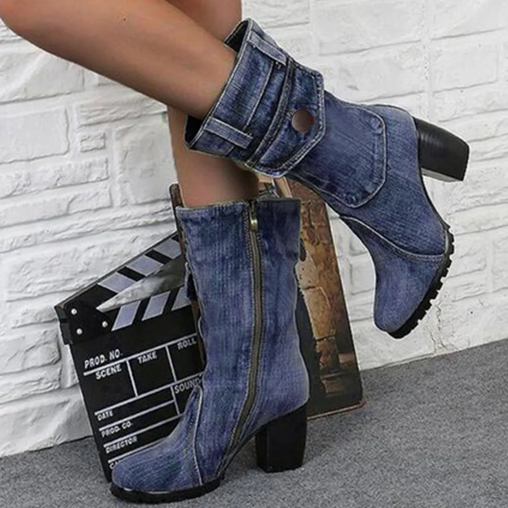 Women s Denim Ankle Boots Pointed Toe Mid Heel Zipper Buckle Stylish Winter Boots