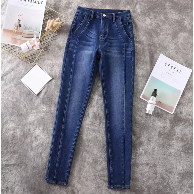 Kobieta Dżinsy Plus Rozmiar Soft Córecka Aksamitna Zimowe Ciepłe Spodnie Wysokiej Talii Patch Pracy Stretch Skinny Ołówek Spodnie Denim Ladies LJ201030