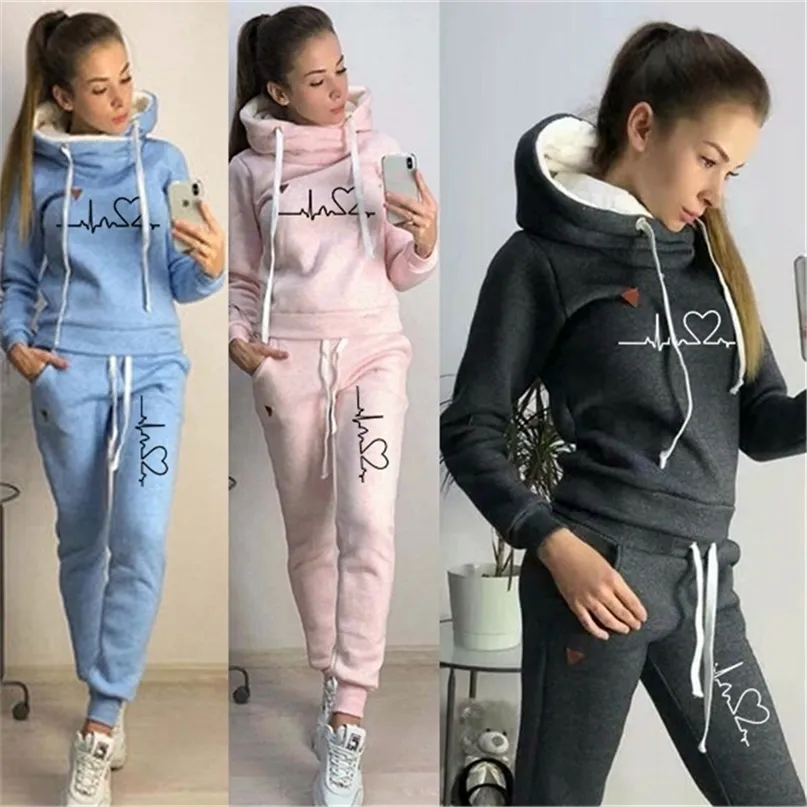 Kvinnors Tracksuit Kvinna Pullover Hoodies Jogging Byxor Sweatshirt Sportkläder Två Piece Set Kvinnor Kläder Vinter Varma Outfits 220315