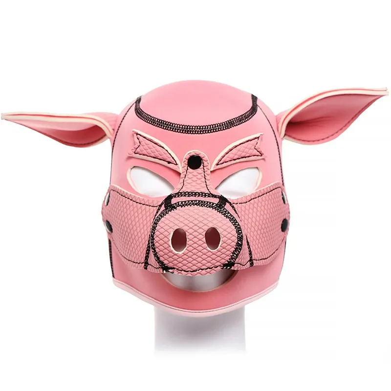 Massage New Party Pig Masks Spela Pink Pig Hood Mask BdSM Bondage Soft Padded Neoprene Pig Slave Roll Sex Toy For Par Men Gay