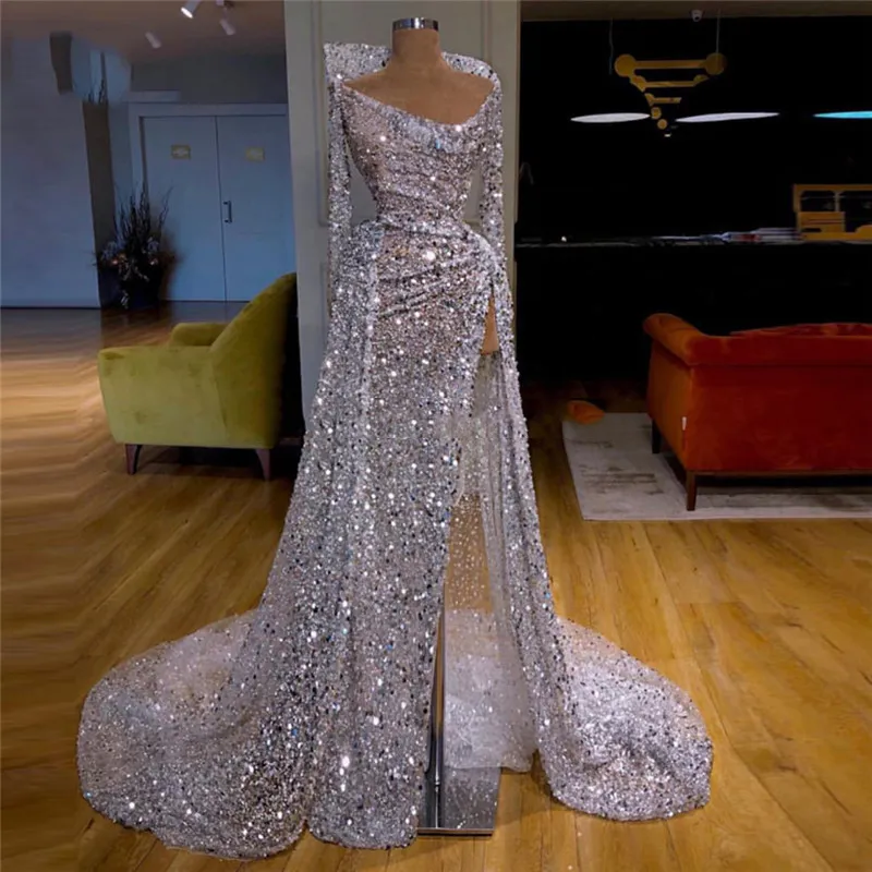Bling Pailletten Lange Mouwen Avondjurken Off Shoulder High Side Split Prom Dress Illusion Aso Ebi African Robe de Soiree