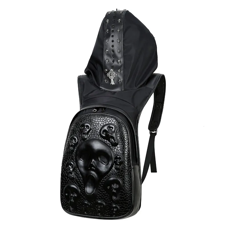 Mens Leather Backpack Bags with Hood Cap 3D Skull Rivets Casual Zipper Closure 20-35L Capacity Mens Leather Backpack Bags with Hood Cap 3D Skull Rivets Casual Zipper Closure 20-35L Capacity