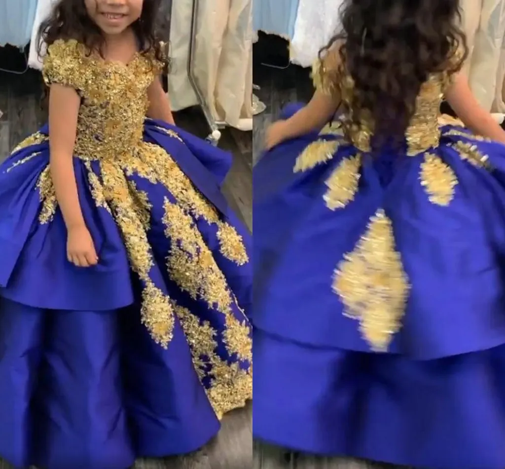 2021 Royal Blue and Gold Girls Graduation Pageant Jurken Baljurk Kant Crystal Korte Mouw Lace-up Eerste Communie Jurk Party Formal