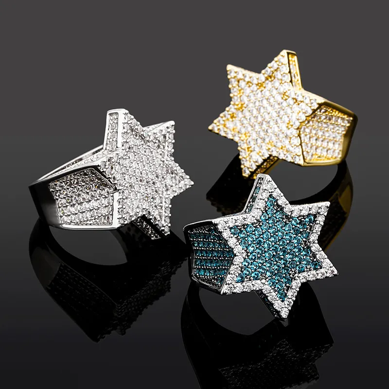 Men's Fashion Copper Gold Color Plated Ring Exaggerate High Quality Iced Out CZ Stone Star Ring Jewelry