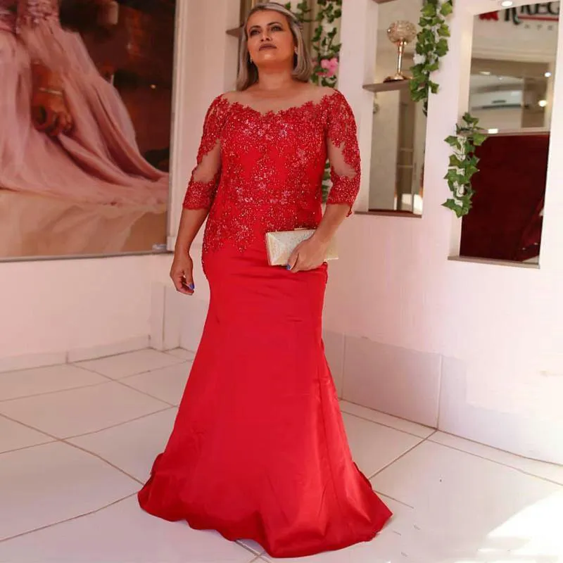 Mangas longas vermelhas Plus Size Lace Sereia Mãe dos Vestidos de Noiva 2022 com apliques Varredura de varredura Vestidos de festa de noite formal