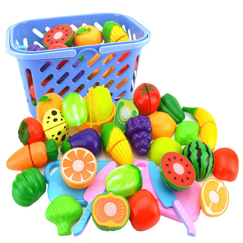 /Set Plastic Fruit Vegetables Cutting Toy with Basket Kitchen Pretend Play Early Simulation Educational Toys LJ201009