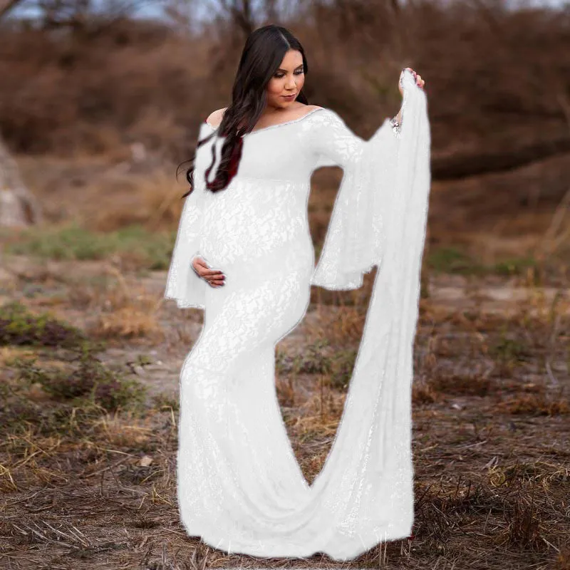 Flare Sleeve Maternity Dresses For Photo Shoot Sexy Lace Pregnant Woman Clothes Long Pregnancy Dress Maxi Gown Photography Props (2)