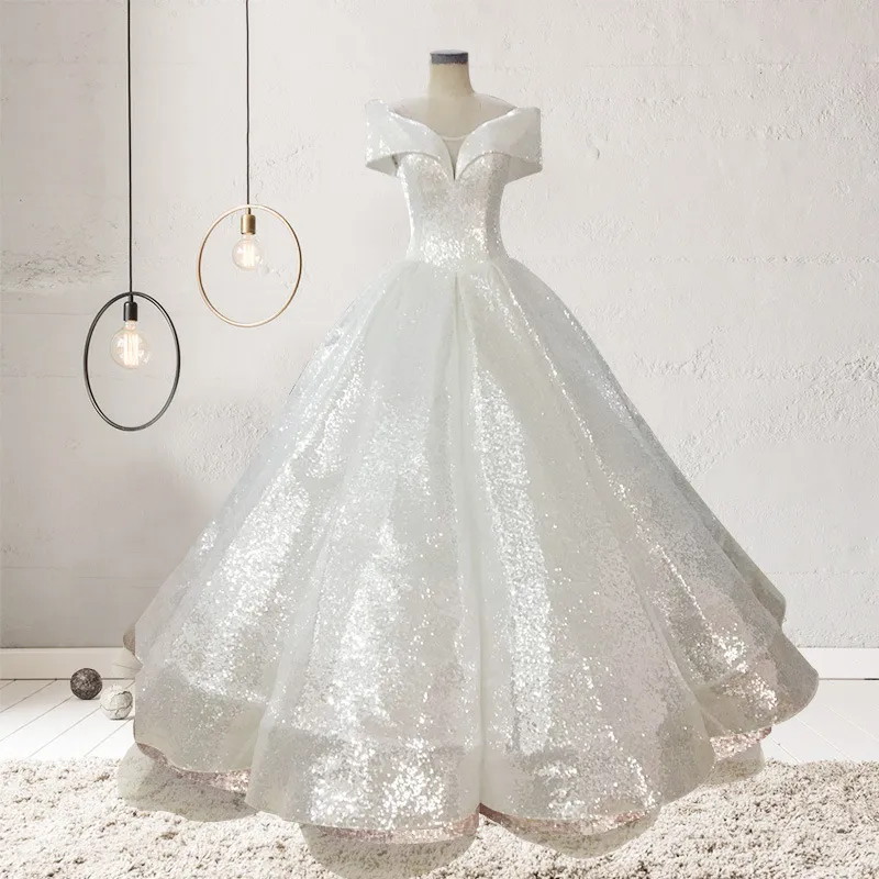 Sparkly Ball Gown Prom Dresses 2021 Sequined Sleeveless Court Train Evening Gowns Women s Formal Wear Real Photos