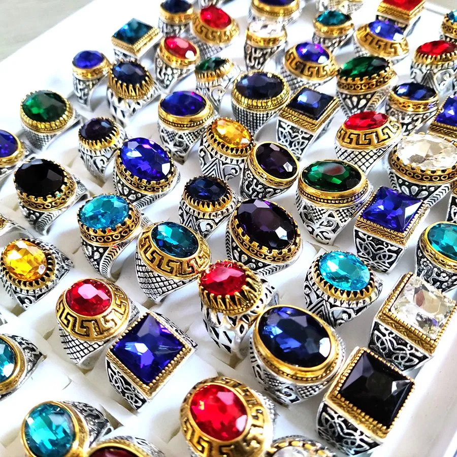 Wholeseale lots 20pcs/lot Luxury Crystal Stone Silver Gold Charm Ring Men Women Vintage Silver Alloy Zircon Rings Colorful Wedding Engagement Jewelry