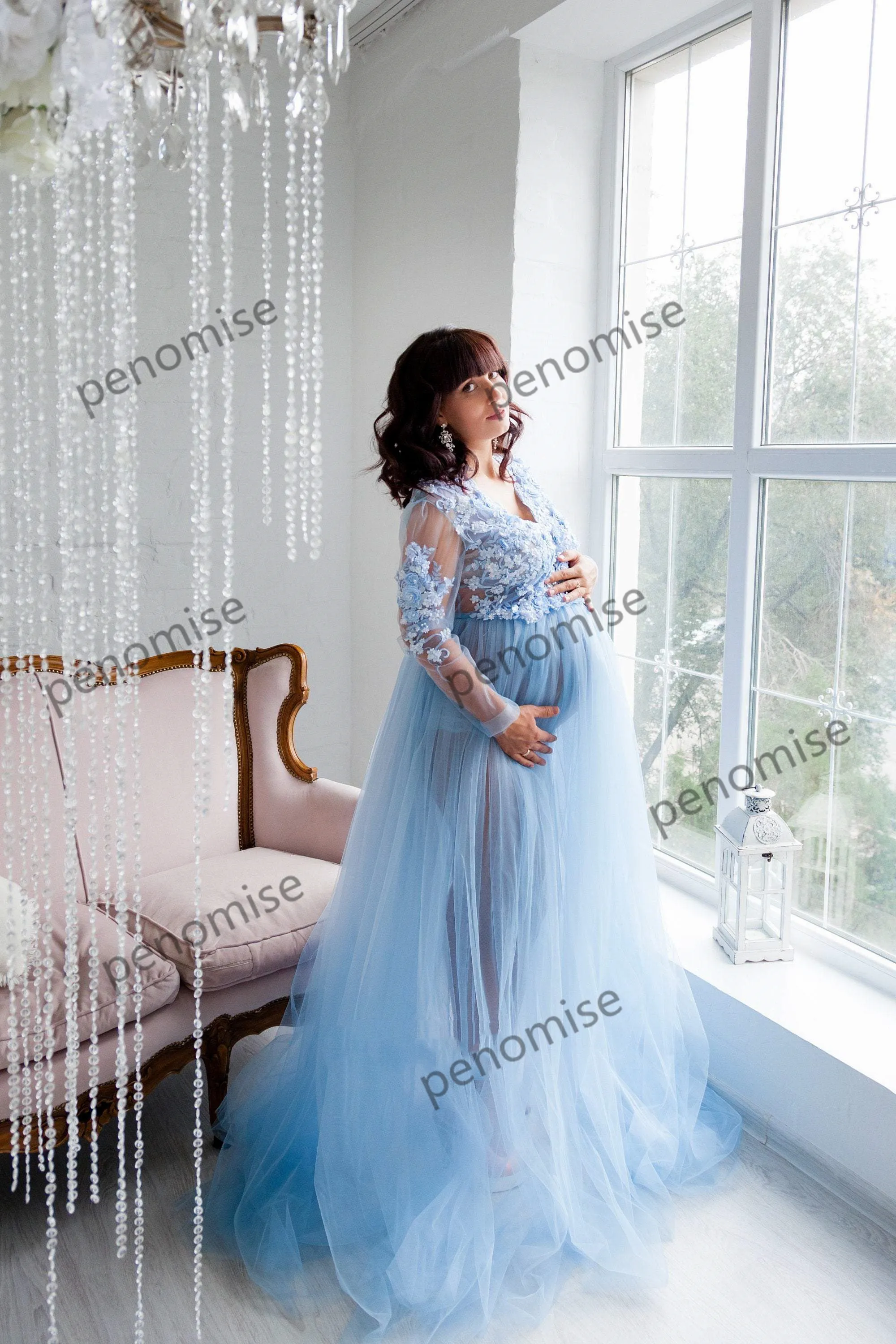 blue fluffy maternity dress Rowan Fluffy A-Line Tulle Robe Sheer Long Sleeves Maternity Dress for main image 1