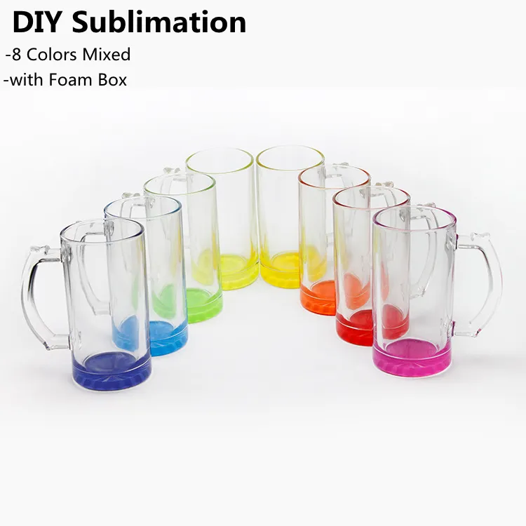 8 Ombre-Farben, Sublimation, transparent, 473 ml, Glasbecher in Farbverlauf mit farbigen Bodenrohlingen, Wärmeübertragungsdruck, transparente Bierbecher, Wasserflaschen, DIY-Becher