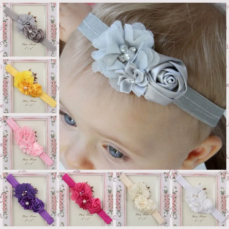 Infantile bébé cheveux accessoires Rose fleur perle combinaison filles bandeau enfants bandeau bébés enfant en bas âge bandeau mélange couleur M3170