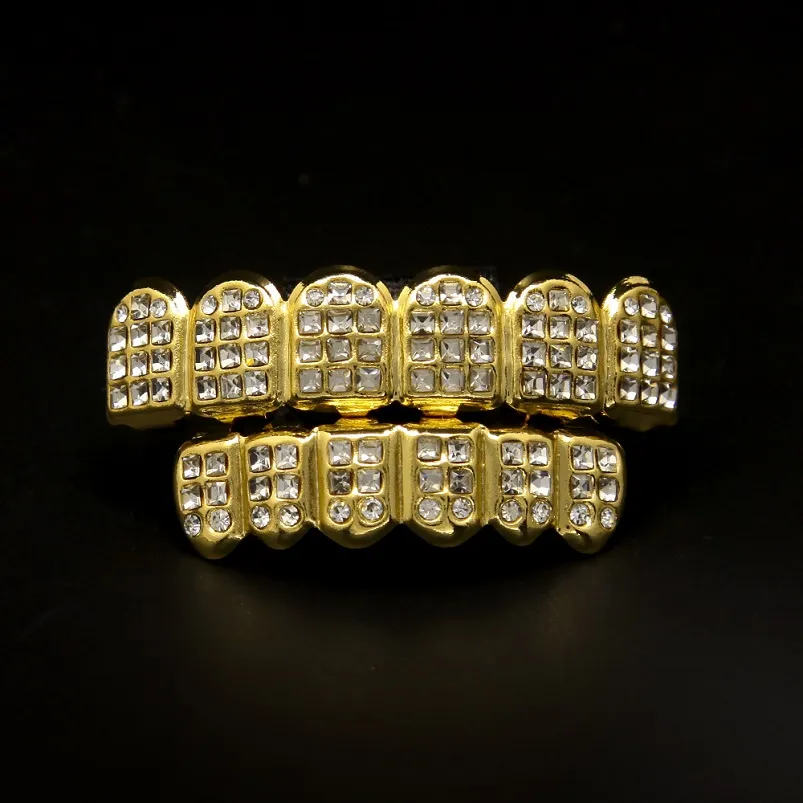 Tillverkare Real Gold Grillz Grills Insert Diamond Denture With Gold Hip Hop Jewelry Teeth Set
