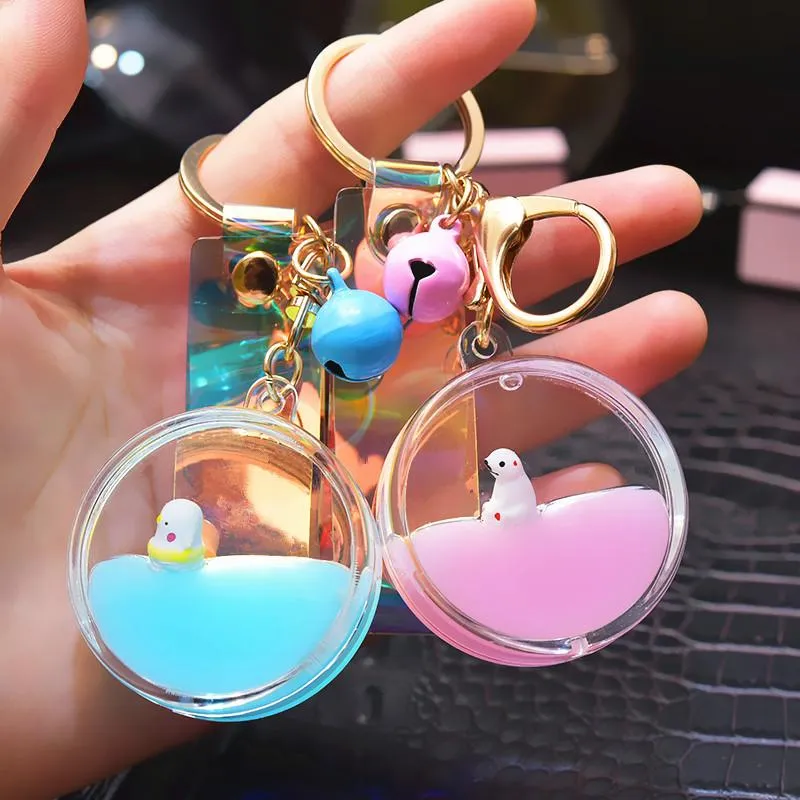 Keychains Korean Cute Moving Liquid Keychain Car Fruit Quicksand