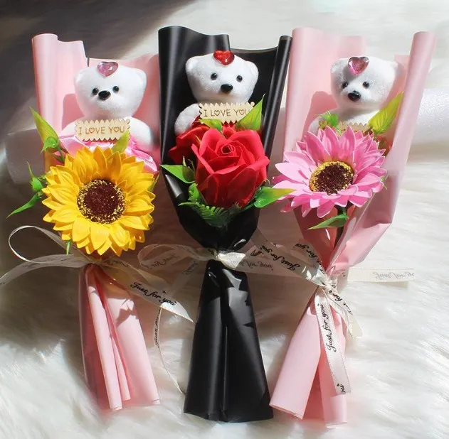 Bomboniera Orso Fiore di rosa Decorazioni di nozze Bouquet Regalo di San Valentino Fiore di sapone Fiori finti 6 stili