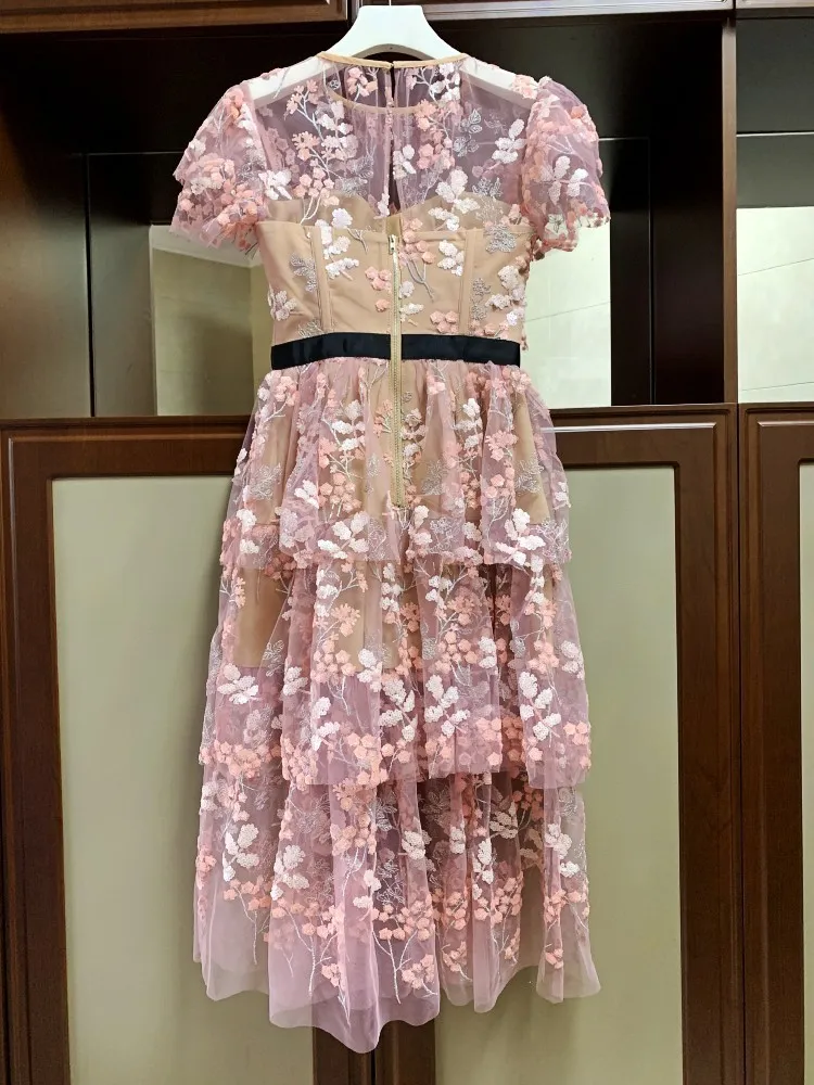 Elegant-Ruffles-Short-Sleeve-Pink-Mesh-Floral-Embroidery-Long-Party-Dress-2019-Summer-Women-High-Quality