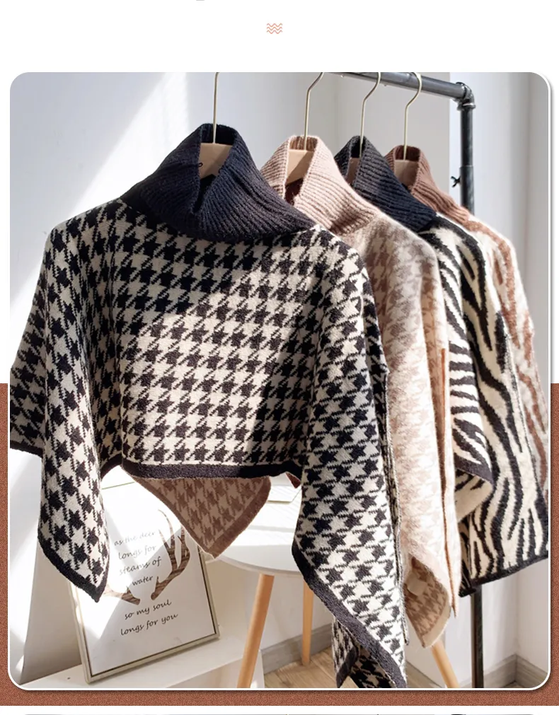 Herfst winter nieuw ontwerp vrouwen coltrui gebreide houndstooth raster print asymmetrische warme mode korte trui top poncho mantel gebreide kleding