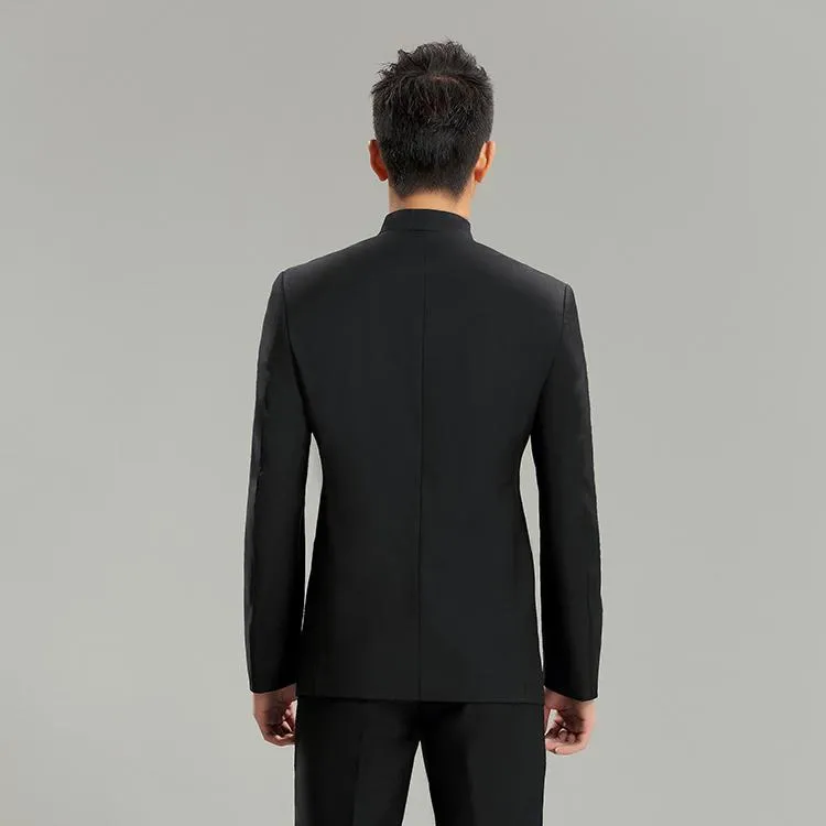 Black Groom Formal Tuxedos Mens Wedding Suits 2 Pieces Mode High Collar Trim Fit Groomsmen Mandarin Lapel Men Suits For Wedding309V