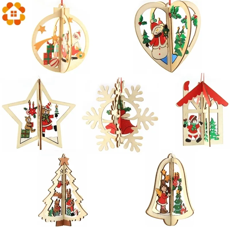 3sets / lot 3D Creative Noël pendentifs en bois ornements pour la maison fête de Noël ornements d'arbre de Noël enfants cadeaux décorations Y201020
