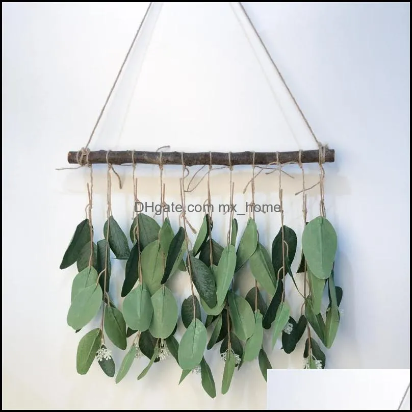 Decorative Flowers & Wreaths Cilected INS Simple Artificial Eucalyptus Leaves Wooden Stick Wall Hanging Simulation Green Plant Decor Home