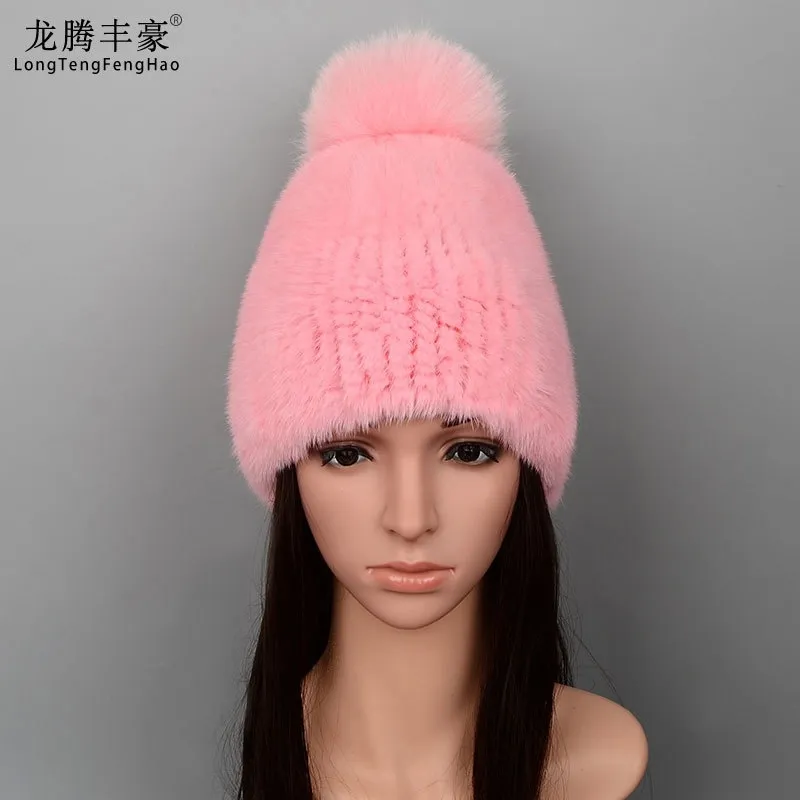 Mink para chapas de malha com chapéus com raposa bola de cabelo inverno mulheres beanies 100% tampa de pele genuína genuína natural para mulheres y201024