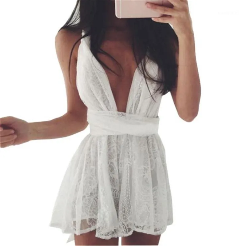 Party Dresses Wholesale- White Solid Sexy Ladies Fashion Women Summer Bodycon Backless Cross Evening Lace Mini Dress A4904451