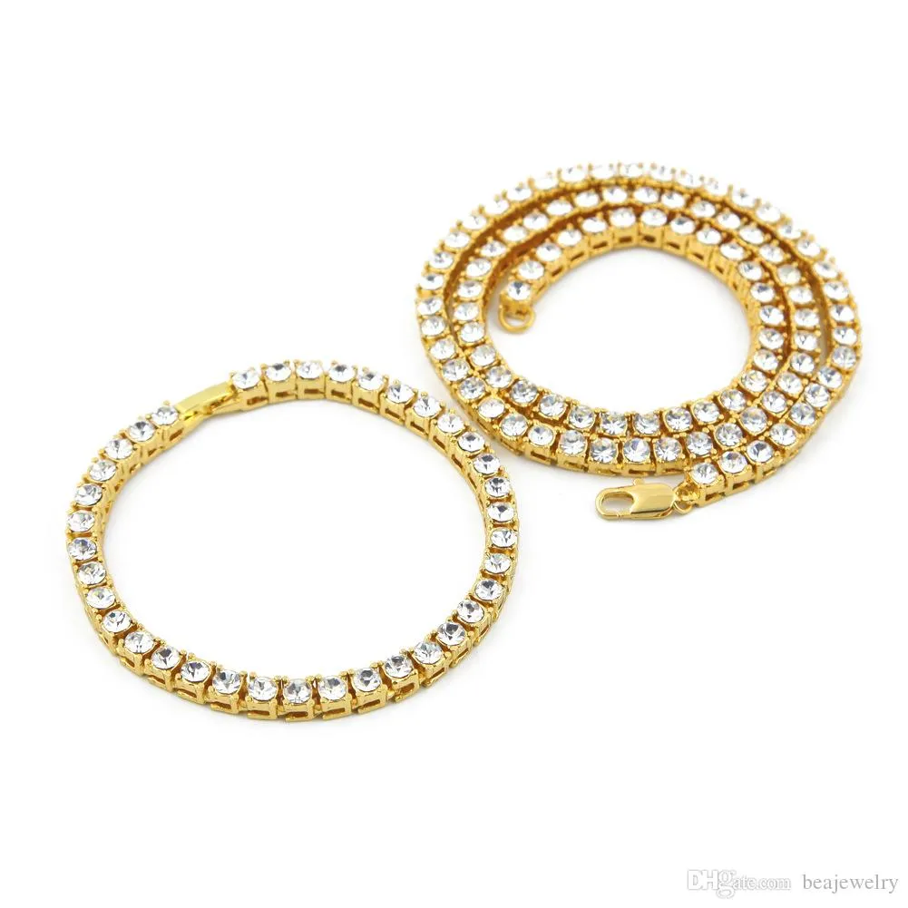 Men Gold Silver Simulated Diamond Hip Hop Tennis Chain 1 Row Top Fashion Bling Bling Necklace Bracelet Set
