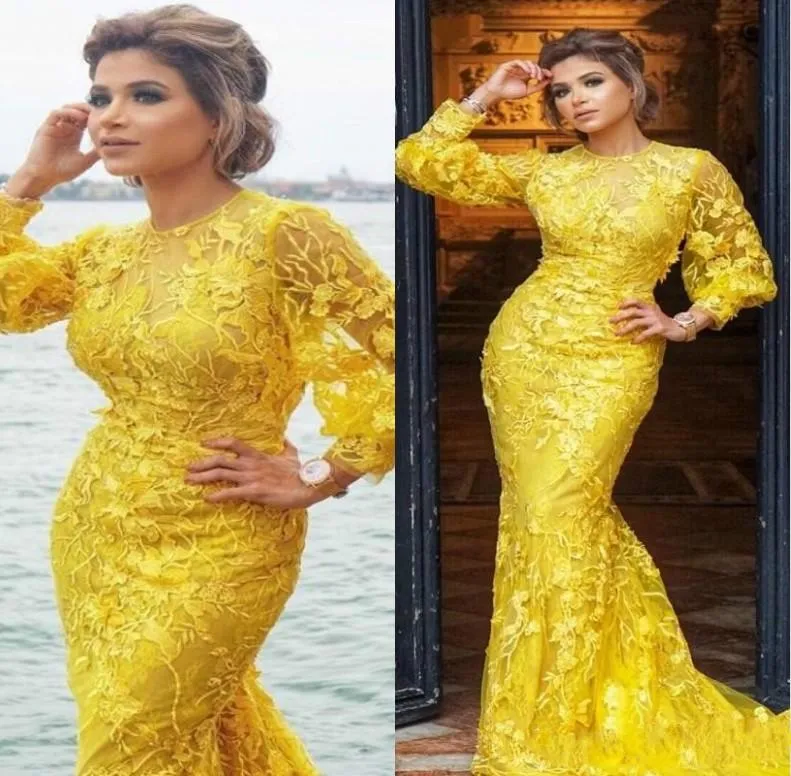 2021 Vestidos de noite amarela 3/4 mangas compridas Bordado Aplique Mermaid Plus Tamanho PROM Vestido de celebridades OCN Wear 403 403