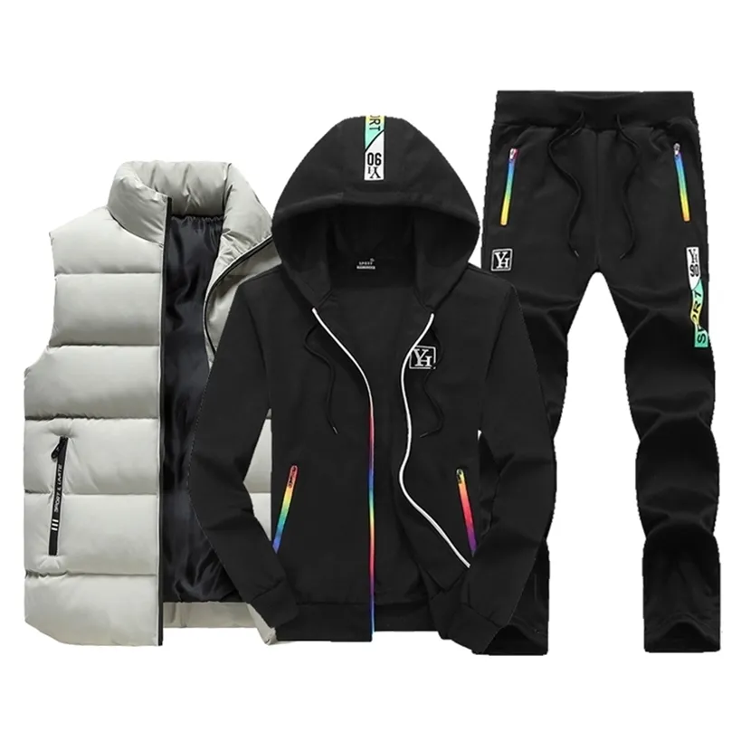 Men Tracksuit Outfit Sweat Suit Winter's Clothing Set 3 Pieces Vest Hoodie Set Fleece Zipper Casual Sport Sweatpant 220107