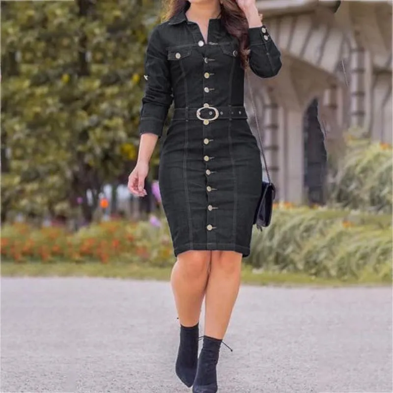 chinese dress ladies cffvdiz Women's Long Sleeve Denim Shirt Dress Casual Loose Button Down Jean  Shirt Dress,Black,S at Amazon Women's Clothing store main image 1