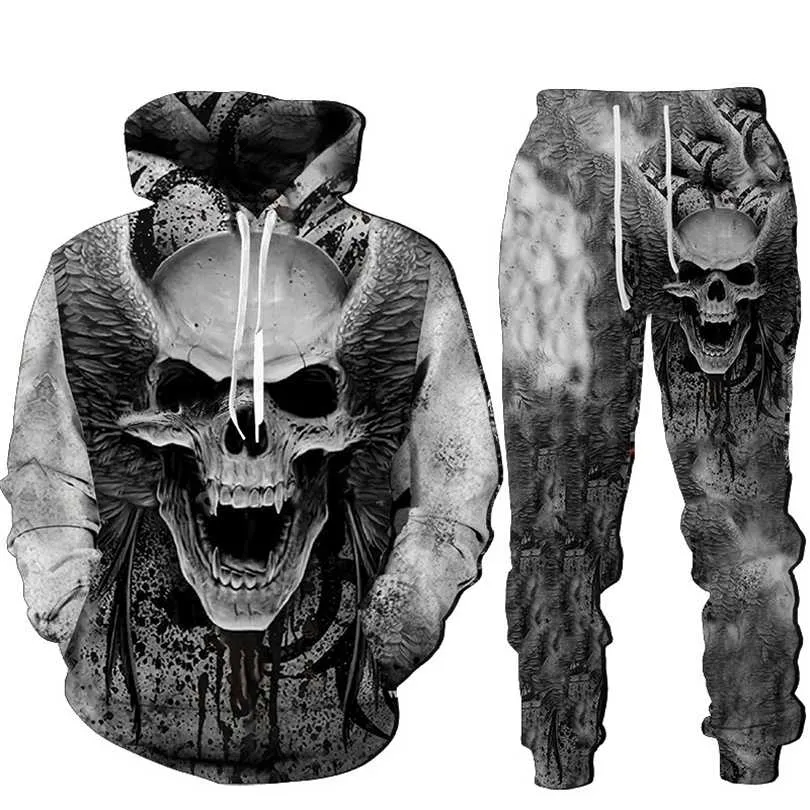 Cool 3D Skull Print Men's Hoodies Sweatshirts Suits Fashion Tracksuit Autumn And Winter Zipper Hoodie Pants Two Piece Set 211220