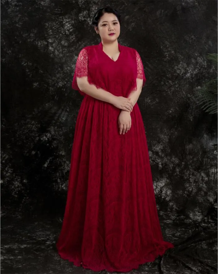 High Quality Elegant Dark Red Mother of The Bride Dresses Lace Short Sleeves Sexy V-Neck Wrap Floor-length Evening Dress