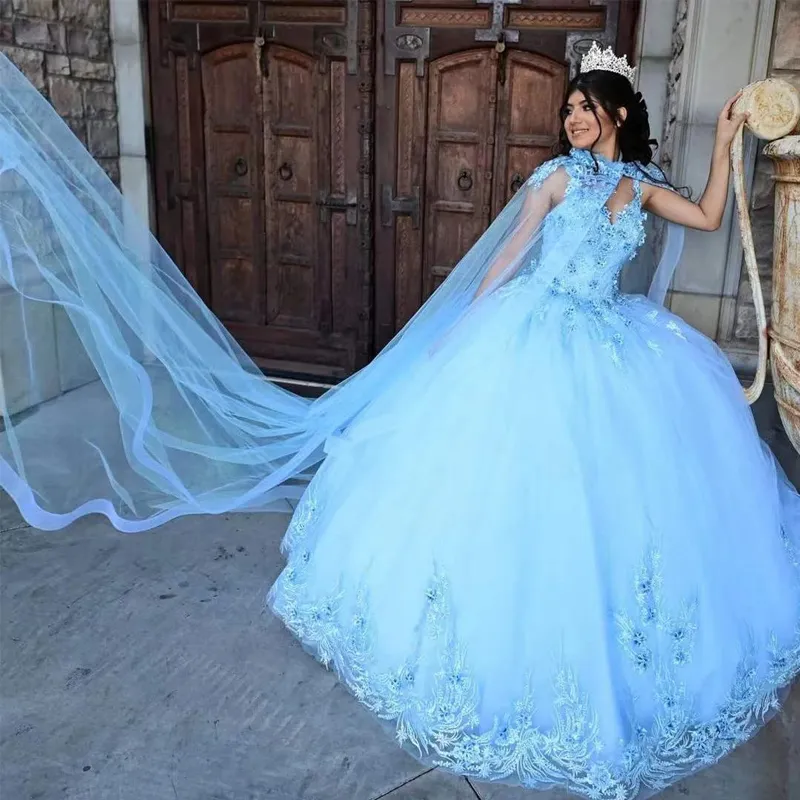 Robes de Quinceanera bleues avec Wrap Spaghetti Strap 3D Flower Appliques Sweet 15 Dress Robe de bal perlée Junior Girls Pageant Dress